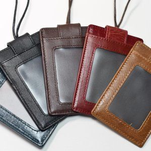 ID Holder Wallet with Detachable Lanyard / Genuine Leather ID Card Holder
